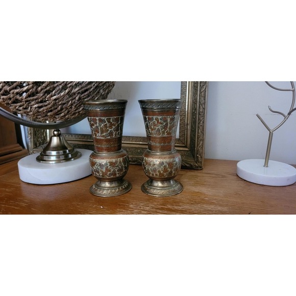 Brass Vases with enamel etched designs - Picture 1 of 3